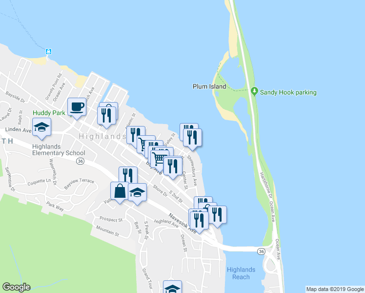 map of restaurants, bars, coffee shops, grocery stores, and more near 70 Shrewsbury Avenue in Highlands