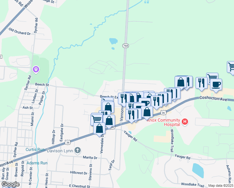 map of restaurants, bars, coffee shops, grocery stores, and more near 1120 Beech Street in Mount Vernon