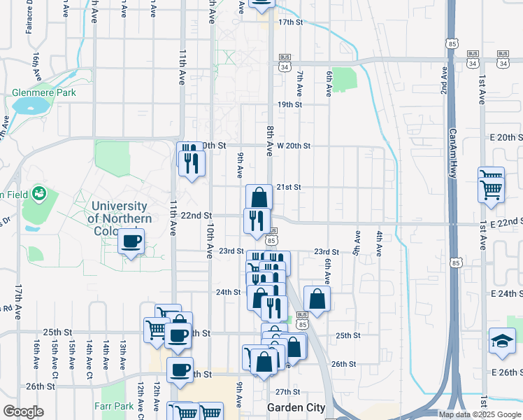 map of restaurants, bars, coffee shops, grocery stores, and more near 2201 8th Avenue in Greeley