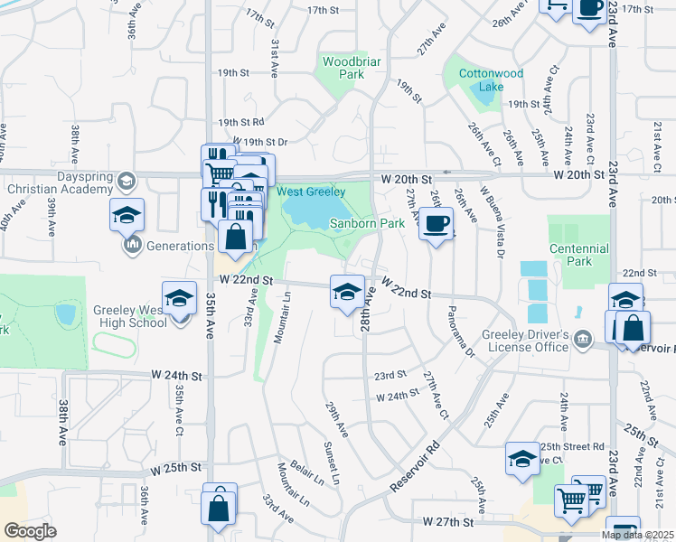 map of restaurants, bars, coffee shops, grocery stores, and more near 2837 West 22nd Street Road in Greeley
