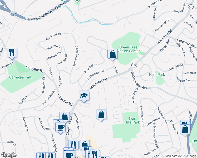 map of restaurants, bars, coffee shops, grocery stores, and more near 1511 Greentree Road in Pittsburgh