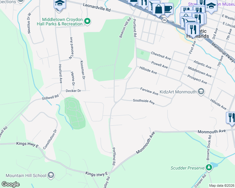 map of restaurants, bars, coffee shops, grocery stores, and more near 17 Beacon Hill Road in Atlantic Highlands