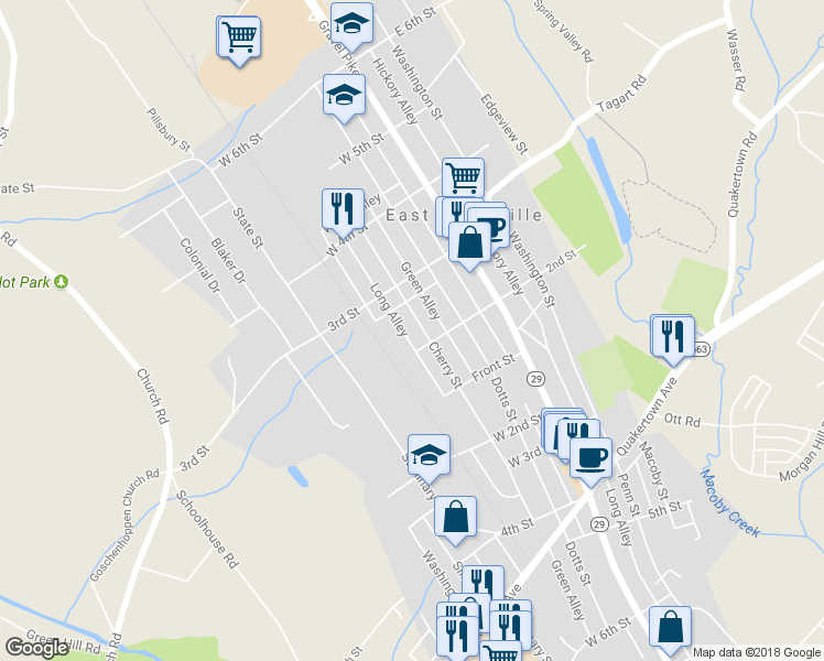 map of restaurants, bars, coffee shops, grocery stores, and more near 218 Cherry Street in East Greenville
