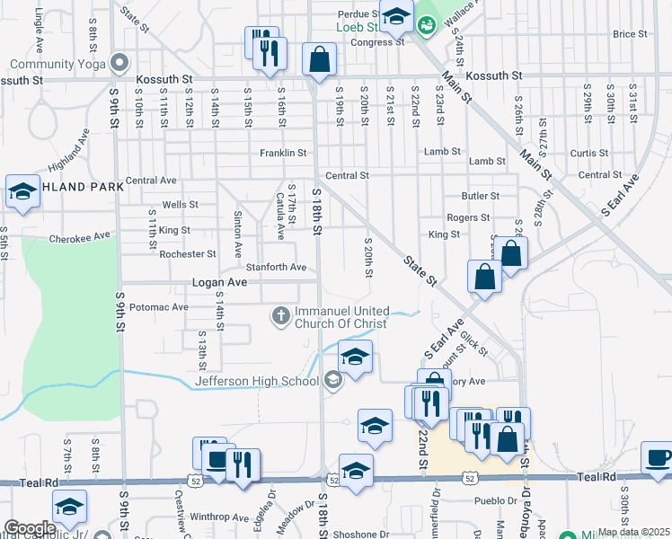 map of restaurants, bars, coffee shops, grocery stores, and more near 1412 South 19th Street in Lafayette