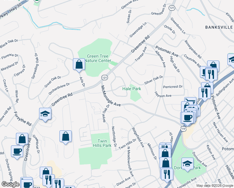 map of restaurants, bars, coffee shops, grocery stores, and more near 58 Robinhood Road in Pittsburgh