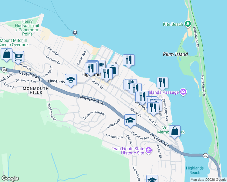 map of restaurants, bars, coffee shops, grocery stores, and more near 51 Atlantic Street in Highlands