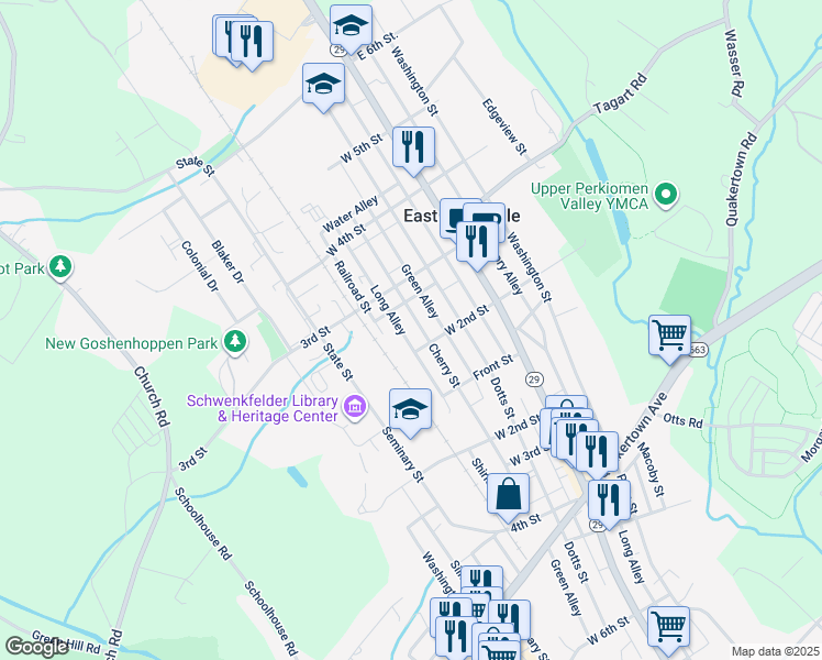 map of restaurants, bars, coffee shops, grocery stores, and more near 218 Cherry Street in East Greenville