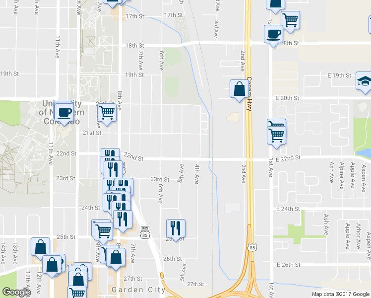map of restaurants, bars, coffee shops, grocery stores, and more near 2124 5th Avenue in Greeley