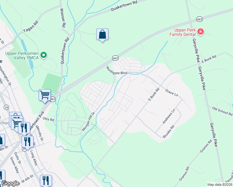 map of restaurants, bars, coffee shops, grocery stores, and more near 2125 Bridgeport Avenue in Pennsburg