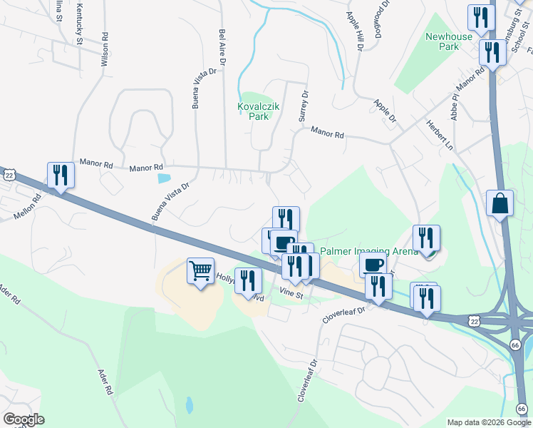 map of restaurants, bars, coffee shops, grocery stores, and more near 1040 Manor Vue Court in Delmont