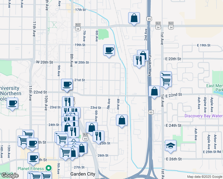 map of restaurants, bars, coffee shops, grocery stores, and more near 409 22nd Street in Greeley