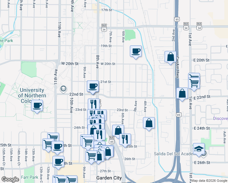 map of restaurants, bars, coffee shops, grocery stores, and more near 611 22nd Street in Greeley