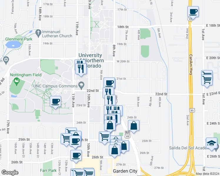 map of restaurants, bars, coffee shops, grocery stores, and more near 2201 8th Avenue in Greeley
