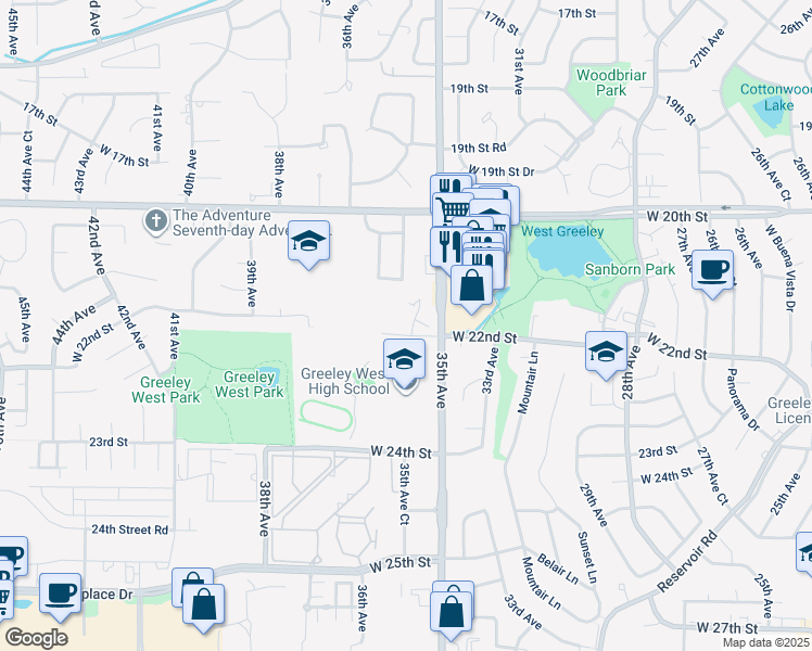 map of restaurants, bars, coffee shops, grocery stores, and more near 3600 West 22nd Street in Greeley