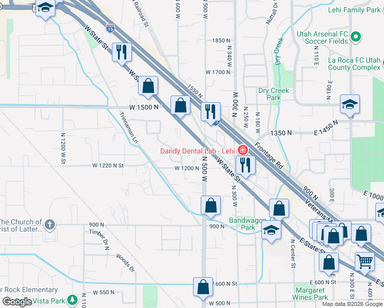 map of restaurants, bars, coffee shops, grocery stores, and more near 512 West 1200 North in Lehi