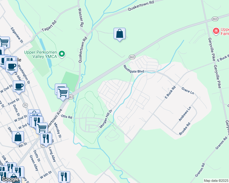 map of restaurants, bars, coffee shops, grocery stores, and more near 2116 Morgan Hill Drive in Pennsburg