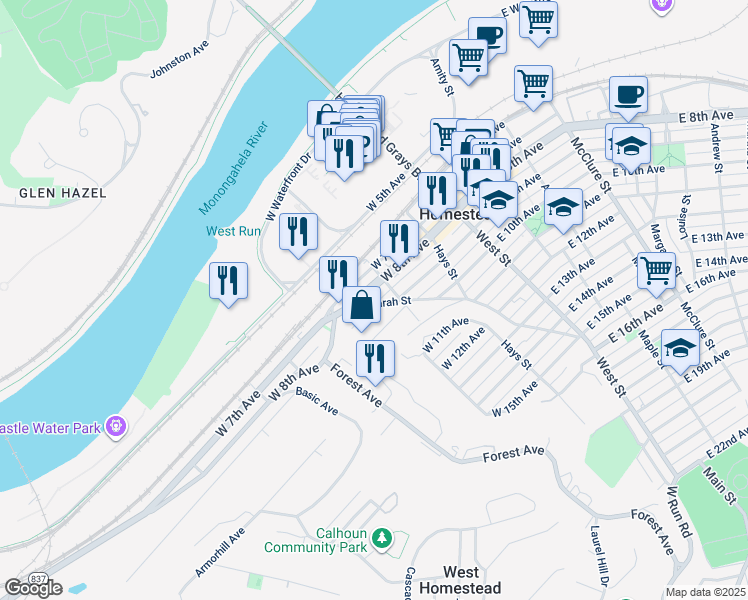 map of restaurants, bars, coffee shops, grocery stores, and more near 323 Cherry Street in West Homestead