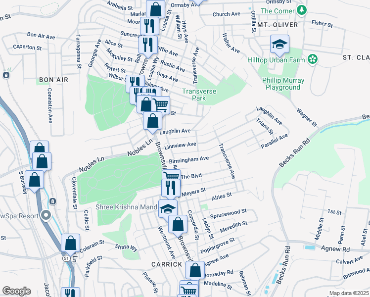 map of restaurants, bars, coffee shops, grocery stores, and more near 121 Birmingham Avenue in Pittsburgh
