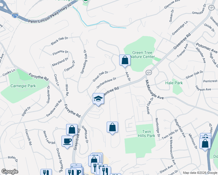 map of restaurants, bars, coffee shops, grocery stores, and more near 1511 Greentree Road in Pittsburgh