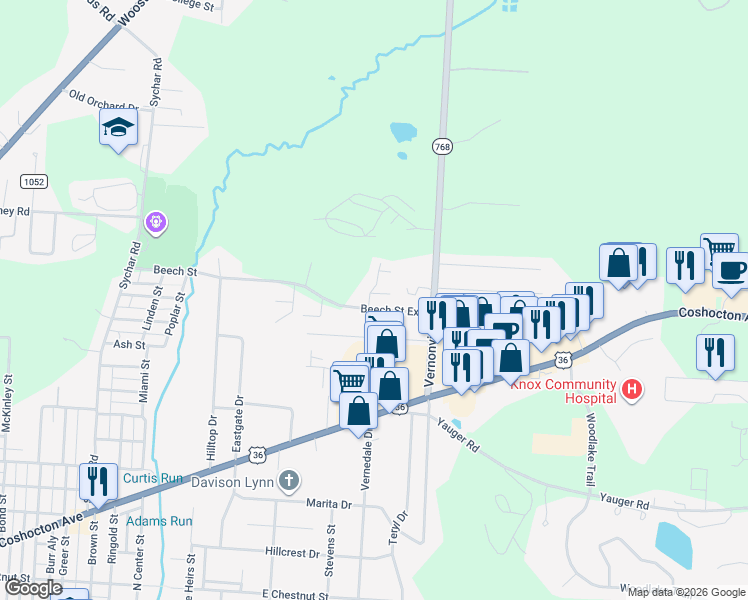 map of restaurants, bars, coffee shops, grocery stores, and more near 1095 Beech St in Mt Vernon