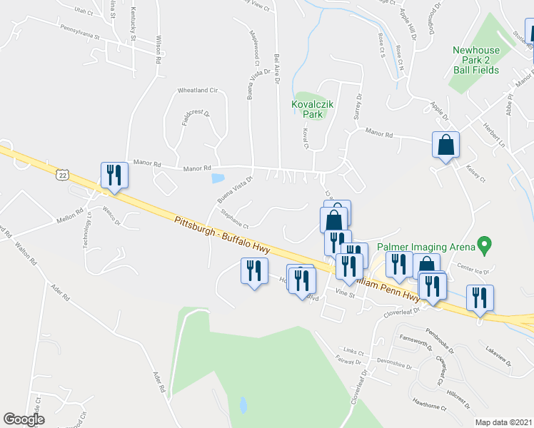 map of restaurants, bars, coffee shops, grocery stores, and more near 6895 Stephanie Court in Delmont