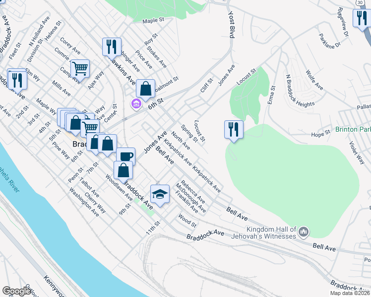 map of restaurants, bars, coffee shops, grocery stores, and more near 1005 Kirkpatrick Avenue in Braddock