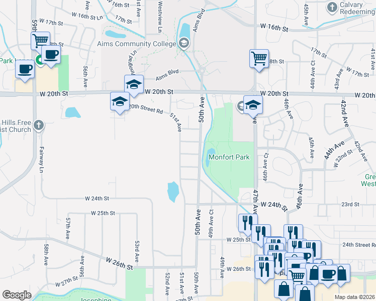 map of restaurants, bars, coffee shops, grocery stores, and more near 5014 West 22nd Street in Greeley
