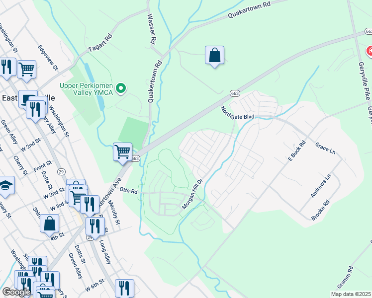 map of restaurants, bars, coffee shops, grocery stores, and more near 2121 Danville Drive in Pennsburg