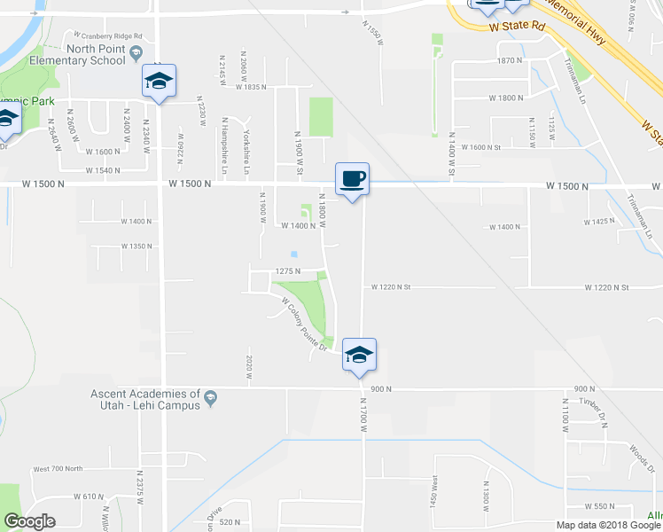 map of restaurants, bars, coffee shops, grocery stores, and more near 1280 North 1800 West in Lehi