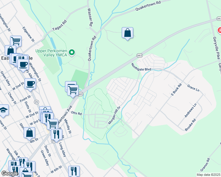 map of restaurants, bars, coffee shops, grocery stores, and more near 2121 Danville Drive in Pennsburg