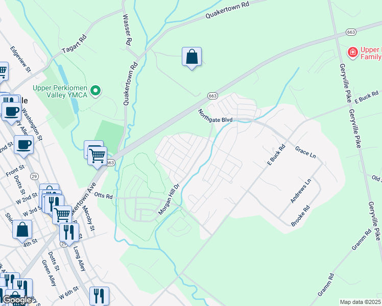 map of restaurants, bars, coffee shops, grocery stores, and more near 2127 Hidden Meadows Avenue in Pennsburg