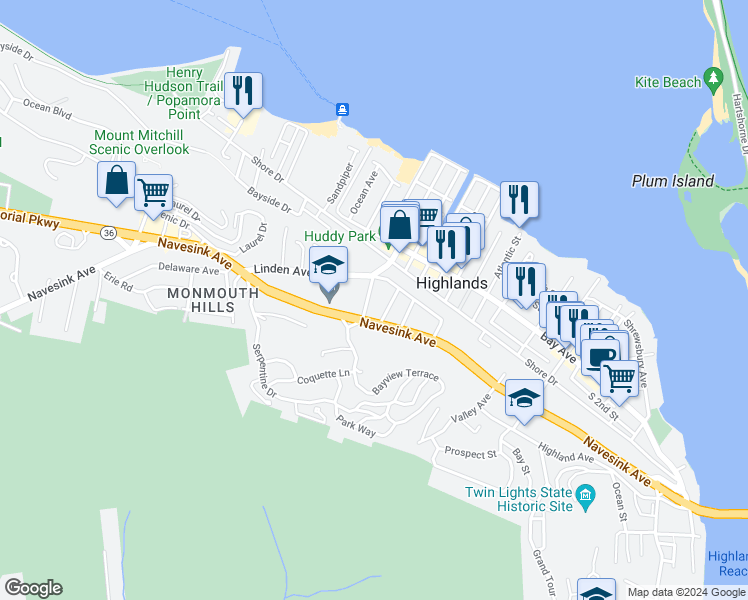 map of restaurants, bars, coffee shops, grocery stores, and more near 115 Waterwitch Avenue in Highlands