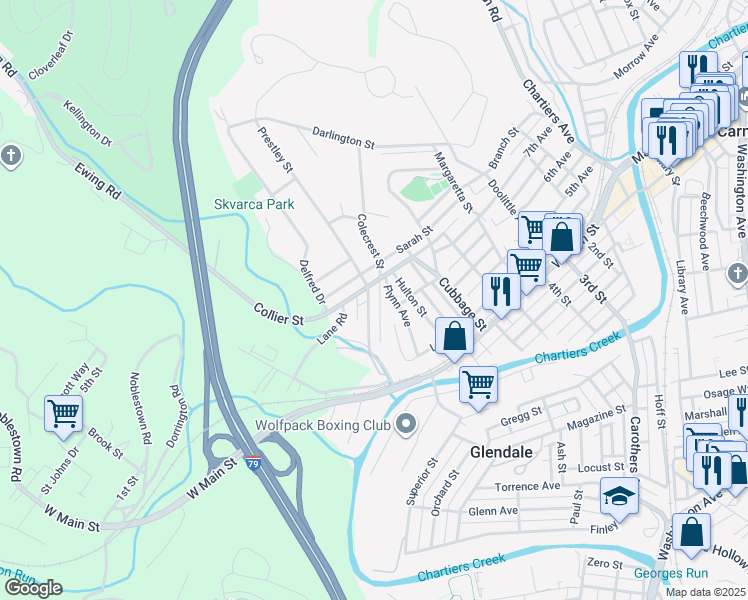 map of restaurants, bars, coffee shops, grocery stores, and more near 429 Prestley Street in Carnegie