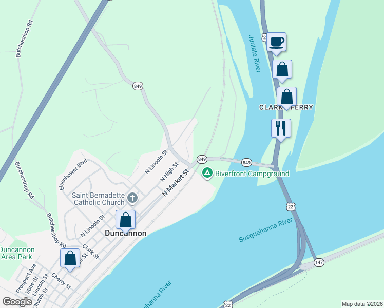 map of restaurants, bars, coffee shops, grocery stores, and more near 1405 Newport Road in Duncannon