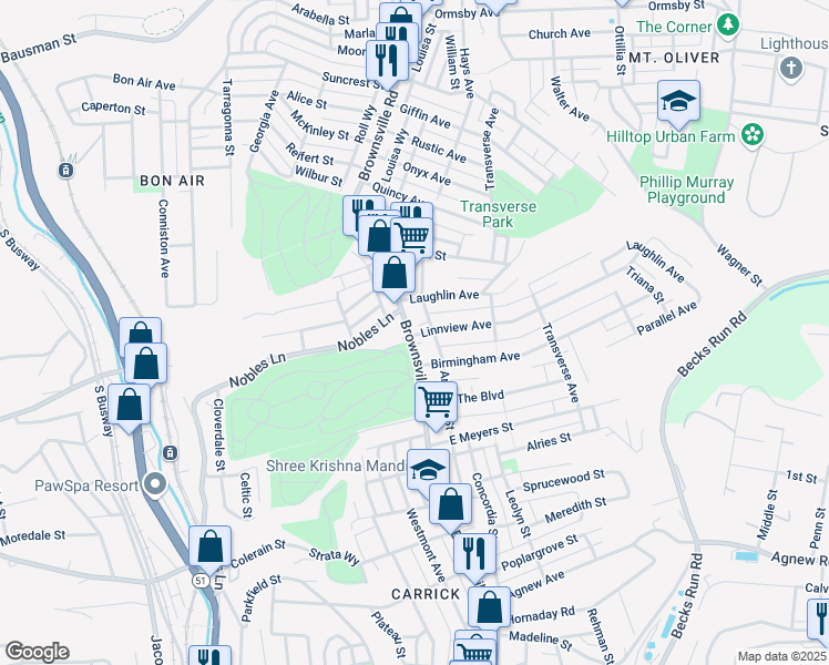 map of restaurants, bars, coffee shops, grocery stores, and more near 1229 Brownsville Road in Pittsburgh
