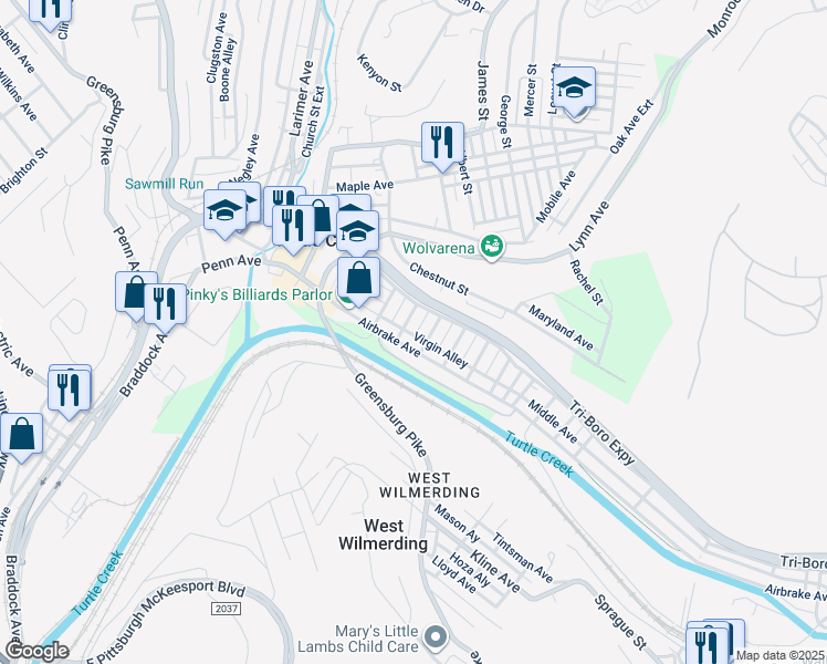 map of restaurants, bars, coffee shops, grocery stores, and more near 1201 Airbrake Avenue in Turtle Creek