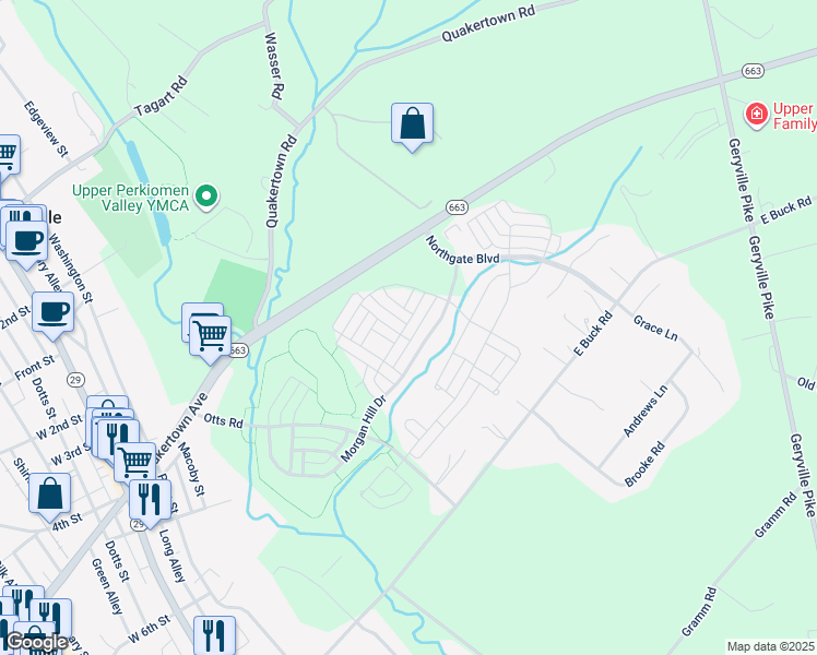 map of restaurants, bars, coffee shops, grocery stores, and more near 2127 Hidden Meadows Avenue in Pennsburg