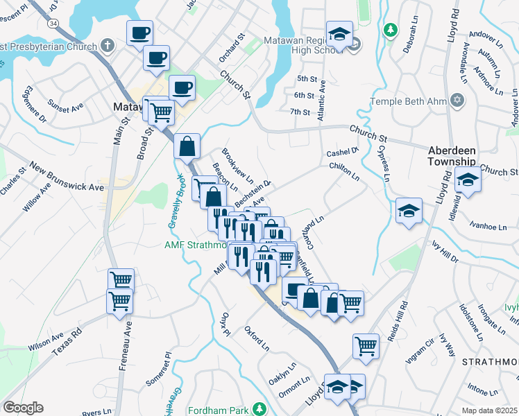 map of restaurants, bars, coffee shops, grocery stores, and more near 12 Atlantic Avenue in Matawan