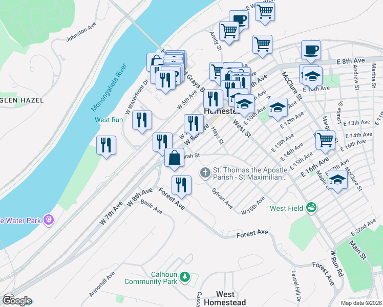 map of restaurants, bars, coffee shops, grocery stores, and more near 323 Cherry Street in West Homestead
