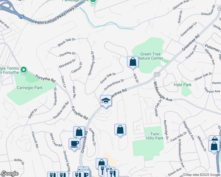 map of restaurants, bars, coffee shops, grocery stores, and more near 1540 Greentree Road in Pittsburgh