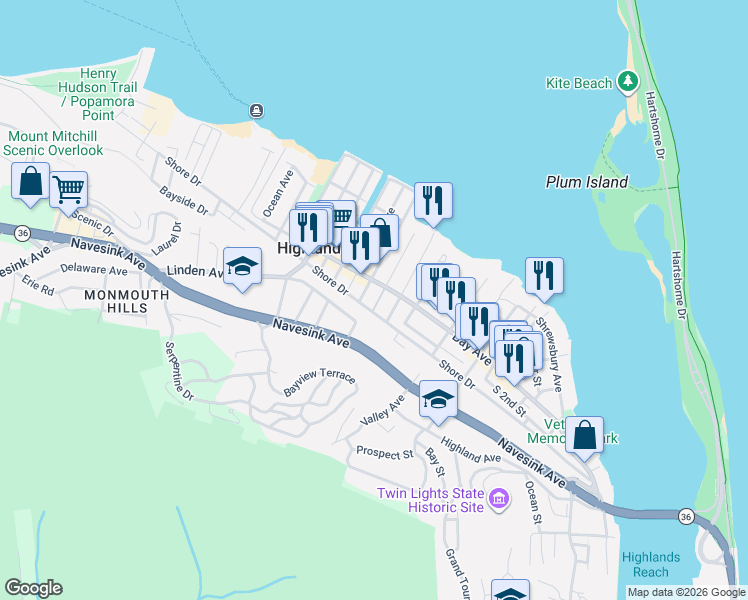 map of restaurants, bars, coffee shops, grocery stores, and more near 51 Atlantic Street in Highlands