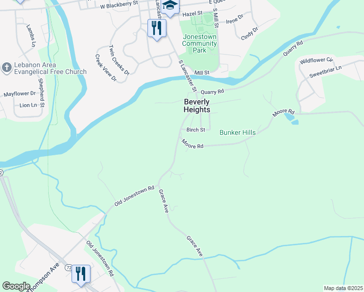 map of restaurants, bars, coffee shops, grocery stores, and more near 450 South Lancaster Street in Lebanon