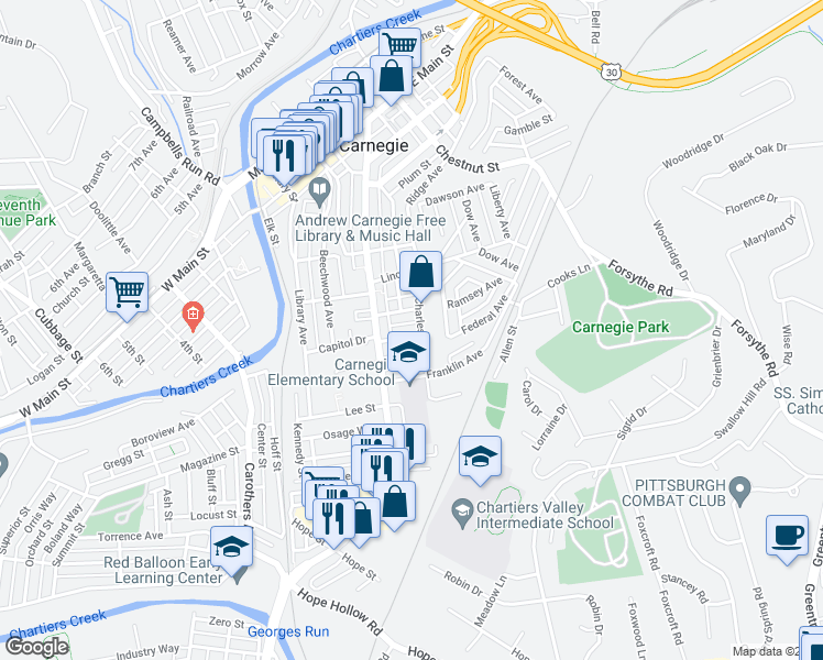 map of restaurants, bars, coffee shops, grocery stores, and more near 321 California Avenue in Carnegie