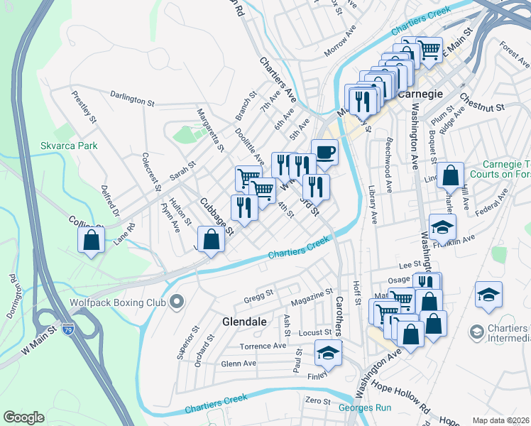 map of restaurants, bars, coffee shops, grocery stores, and more near 433 3rd Avenue in Carnegie