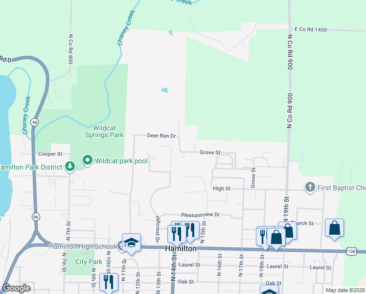 map of restaurants, bars, coffee shops, grocery stores, and more near 308 Hillcrest Drive in Hamilton