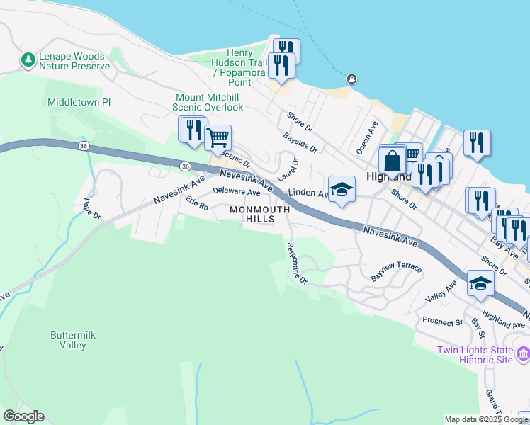map of restaurants, bars, coffee shops, grocery stores, and more near 4 Oneida Avenue in Atlantic Highlands