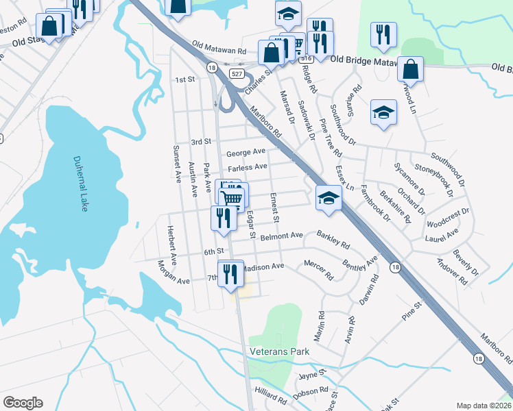 map of restaurants, bars, coffee shops, grocery stores, and more near 40 Kensington Avenue in Old Bridge