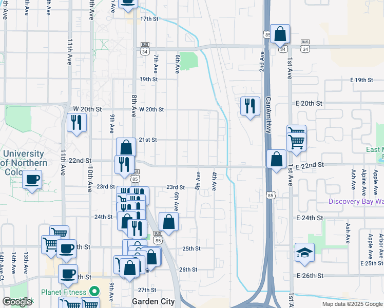 map of restaurants, bars, coffee shops, grocery stores, and more near 2121 5th Avenue in Greeley