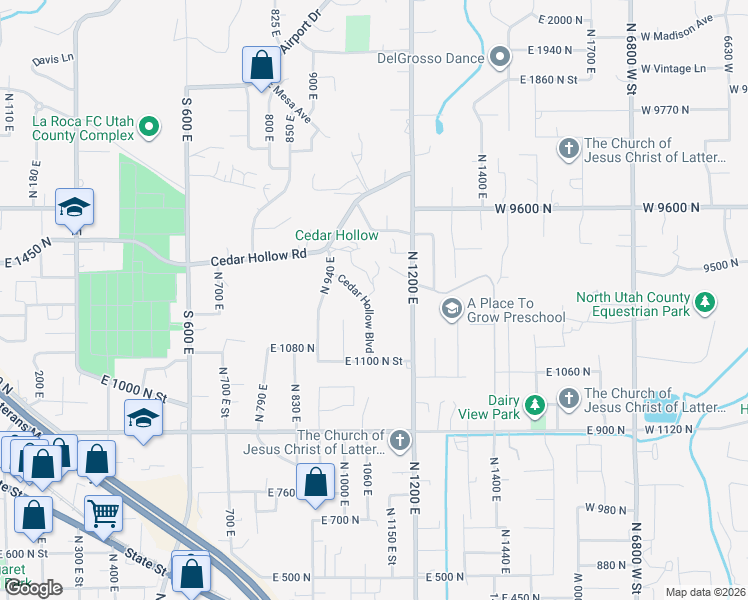 map of restaurants, bars, coffee shops, grocery stores, and more near 1272 Cedar Hollow Boulevard in Lehi