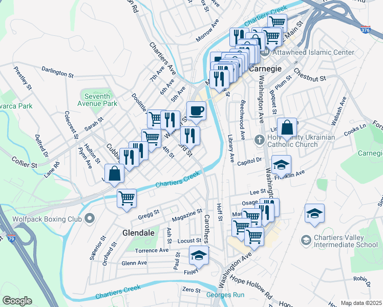 map of restaurants, bars, coffee shops, grocery stores, and more near 200 Diamond Alley in Carnegie